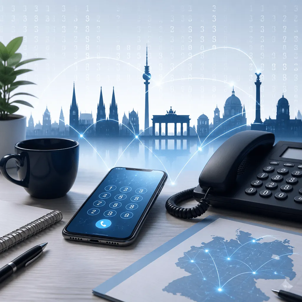 Symbolbild zur Vorwahl Düsseldorf: Stadtsilhouette mit digitalen Telefonverbindungen