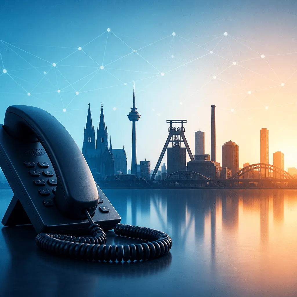 Symbolbild zu 0231 Vorwahl welcher Ort: Telefon vor Stadtsilhouette von Dortmund