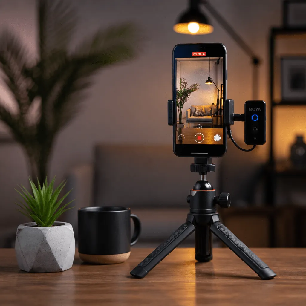 Smartphone-Setup mit Bluetooth-Mikrofon zum Instagram Reels erstellen mit gutem Ton
