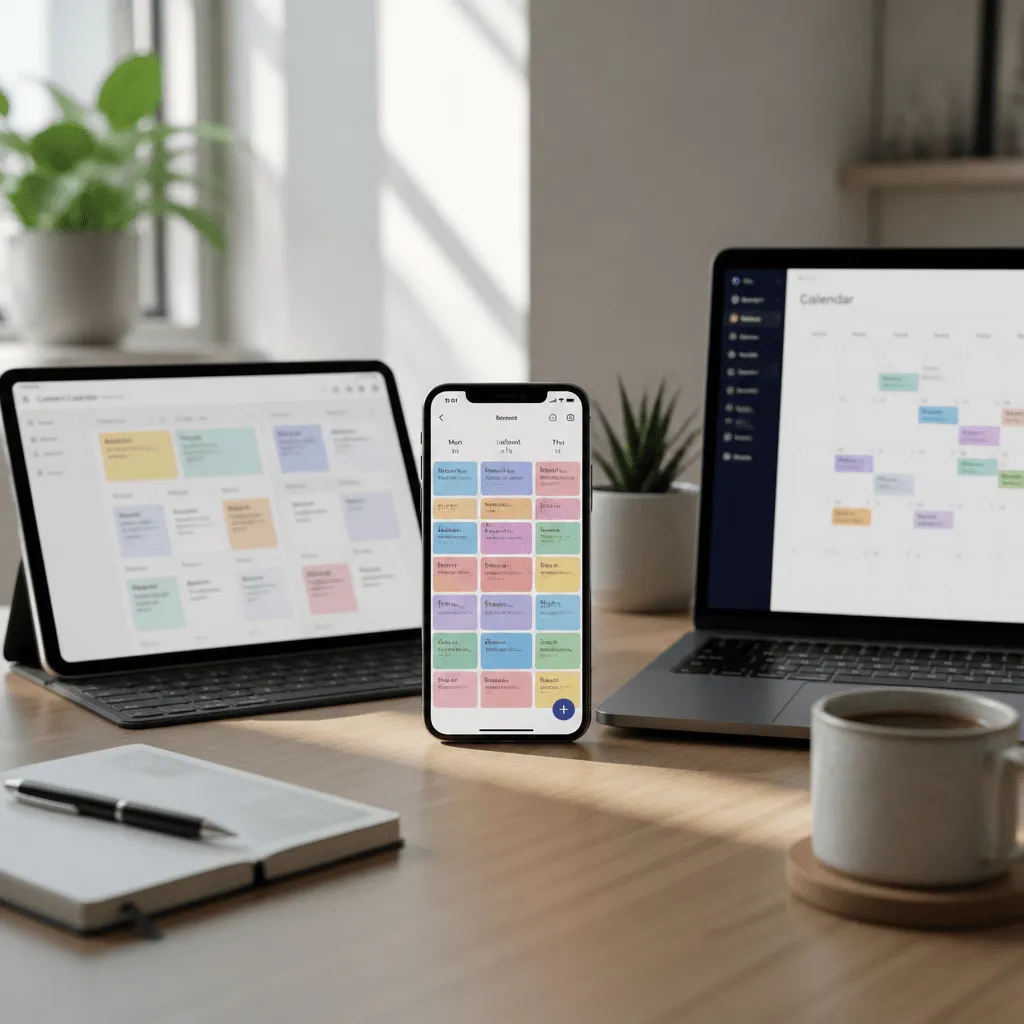 Symbolbild: Instagram Beiträge planen mit Content-Kalender auf Smartphone und Laptop