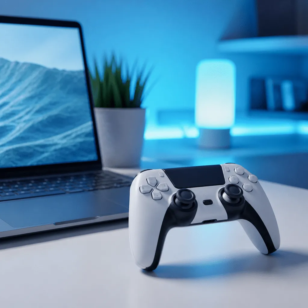 PS4 Controller mit PC verbinden: kabelloser Gamecontroller neben Laptop auf Schreibtisch