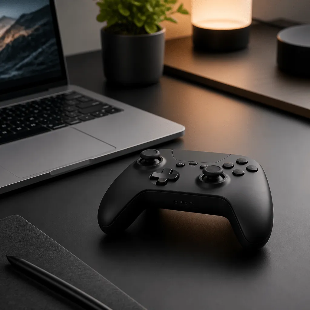 Xbox Controller mit PC verbinden: kabelloser Controller neben Laptop auf Schreibtisch