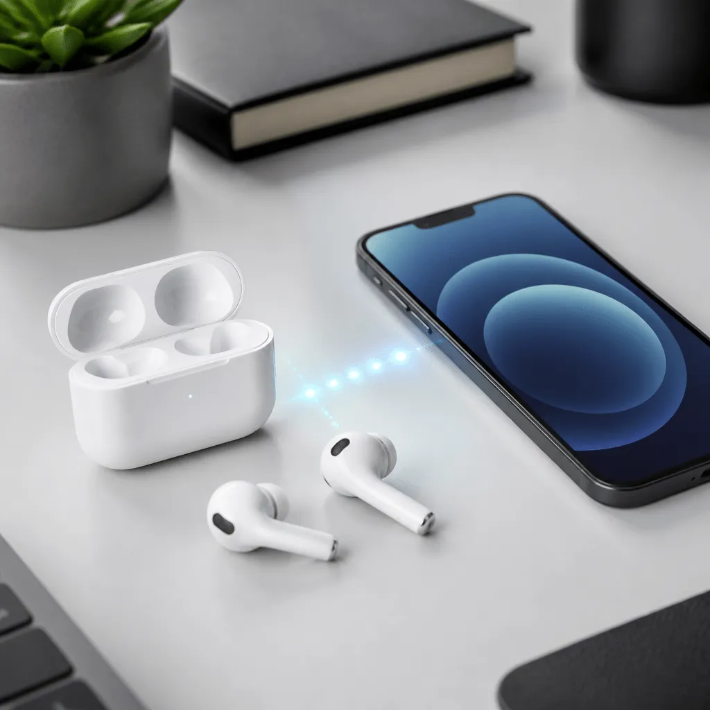 Kabellose Ohrhörer und Smartphone symbolisieren das Verbinden von AirPods mit Samsung per Bluetooth