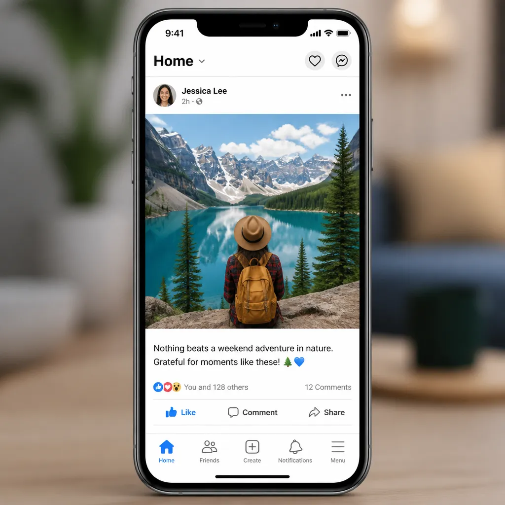 Smartphone zeigt Instagram-Feed mit Foto und Bildunterschrift darunter