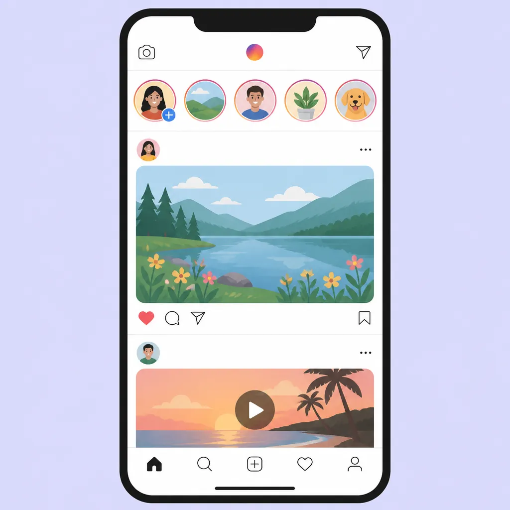 Smartphone zeigt Instagram-App mit Feed, Stories und Reels für Einsteiger